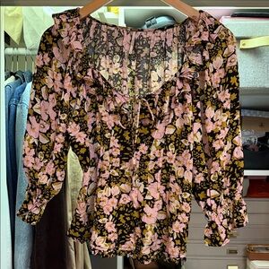 Free People Floral Blouse - Pink and Black